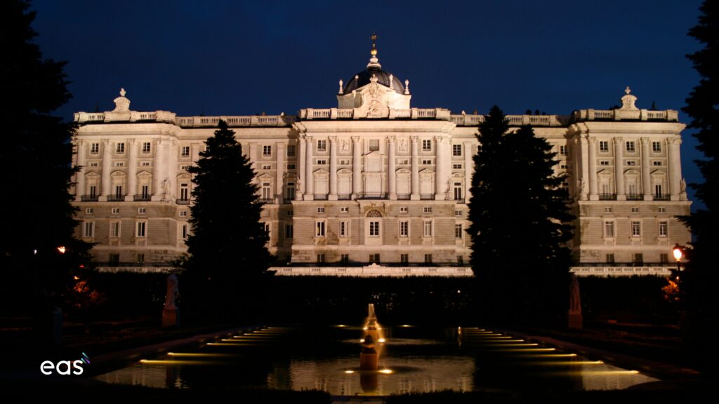 Captivating exterior view of the Royal Palace in Madrid, Spain, showcasing its grand architectural design and historical significance.